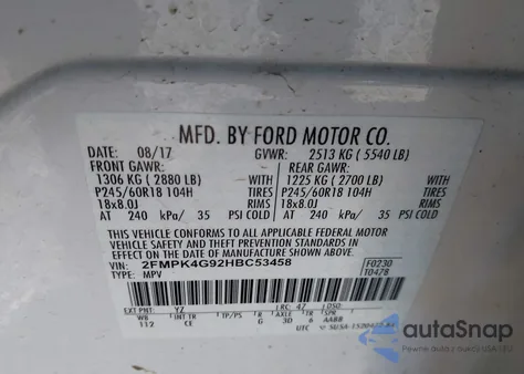 2017 Ford Edge Se z USA, uszkodzony, nr VIN 2FMPK4G92HBC53458